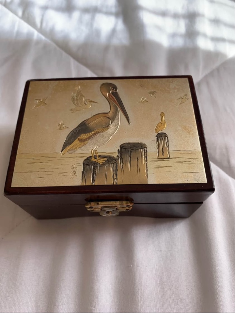 Wooden Ships Pelican Inlay Jewelry Box - Gold and Brown